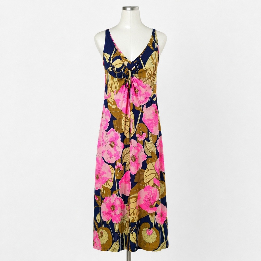 Vintage 70s Travel-Lite Hawaiian Floral Maxi Dress Pink Blue Boho Vacation Sz S